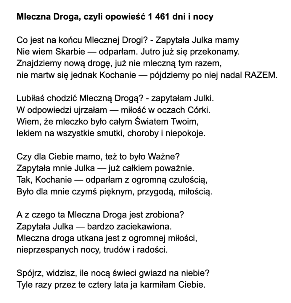 Mleczna droga wiersz od mamy do córki
